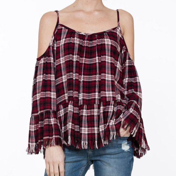 PLAID OFF SHOULDER RUFFLE DETAIL TOP - Picture 4 of 6